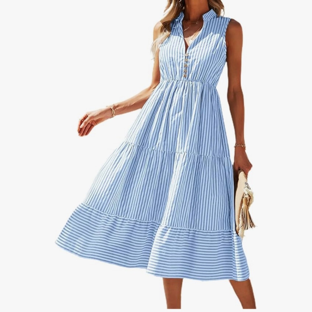 Blue and White Striped Sleeveless Dress